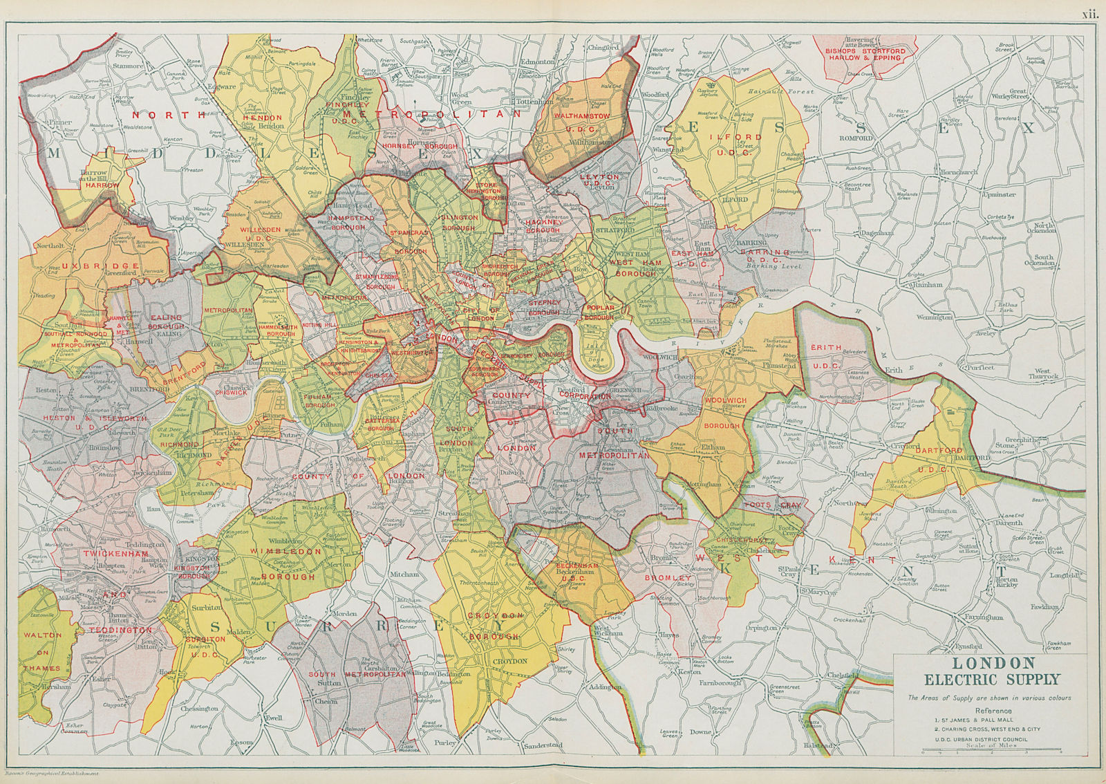 LONDON ELECTRICITY SUPPLY areas. Corporation. Metropolitan. BACON 1913 old map